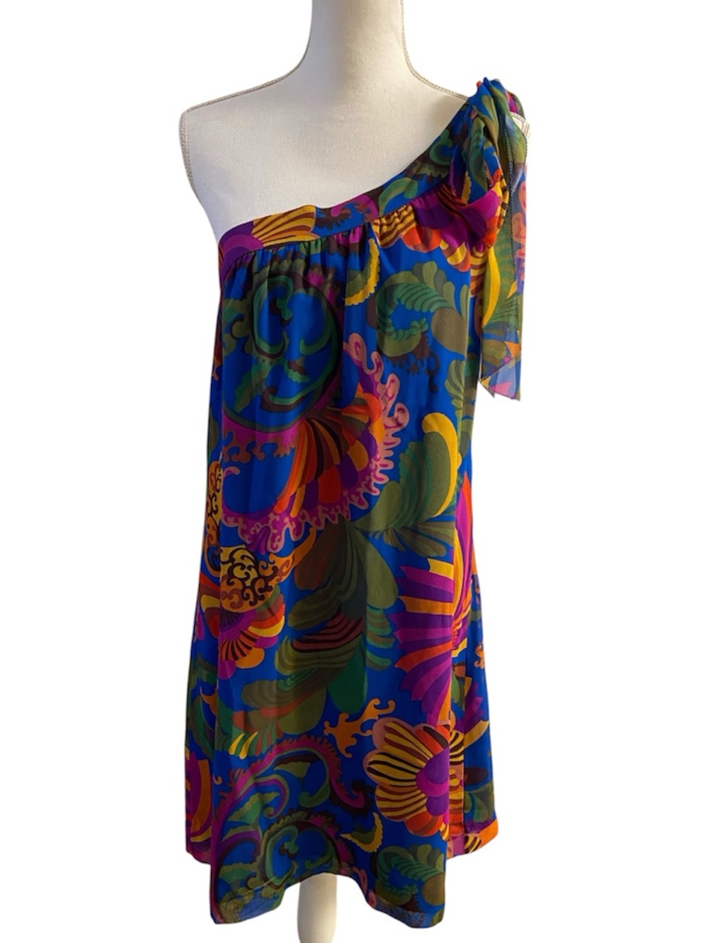 Trina Turk&Banaba Rep One-Shoulder Paisley Print Dress in Blue and Green Silk 12 - Picture 2 of 11